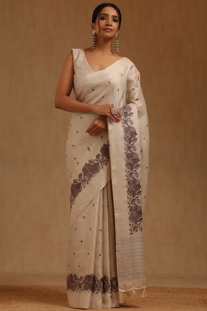 light brown tussar embroidered saree with thread